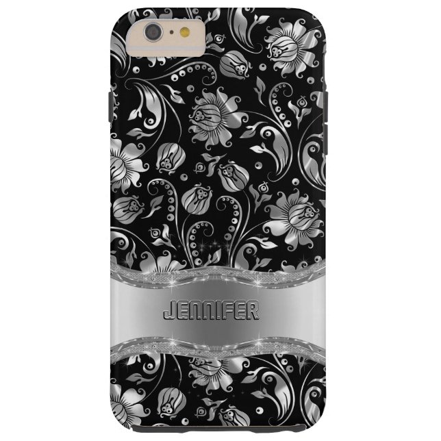 Monogram Black & Silver Floral Damasks Case-Mate iPhone Case (Back)