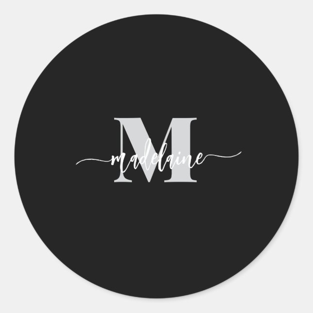 Monogram Black Silver White Personal Classic Round Sticker (Front)