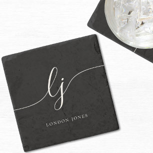 Monogram Black Simple Elegant Feminine Stone Coaster
