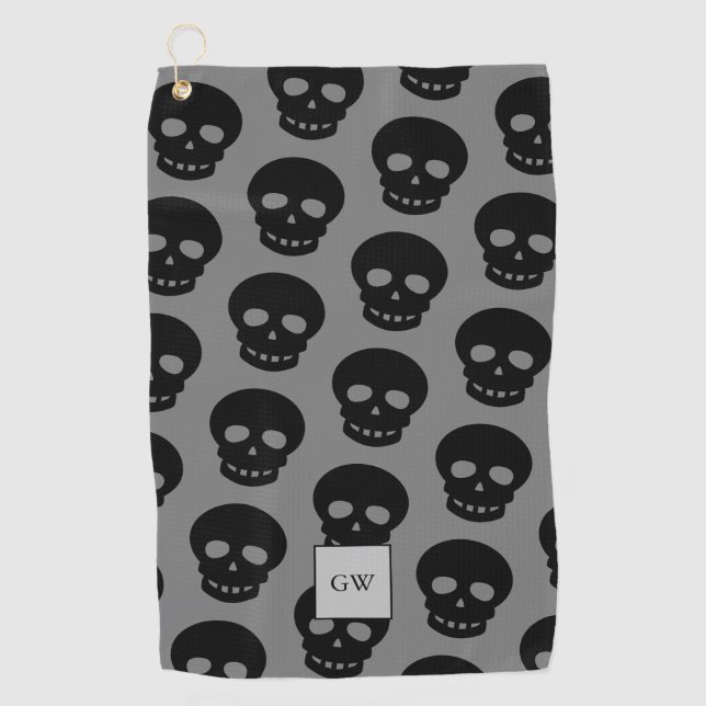 Monogram Black Skull Grey Goth Pattern Novelty Golf Towel (Front)