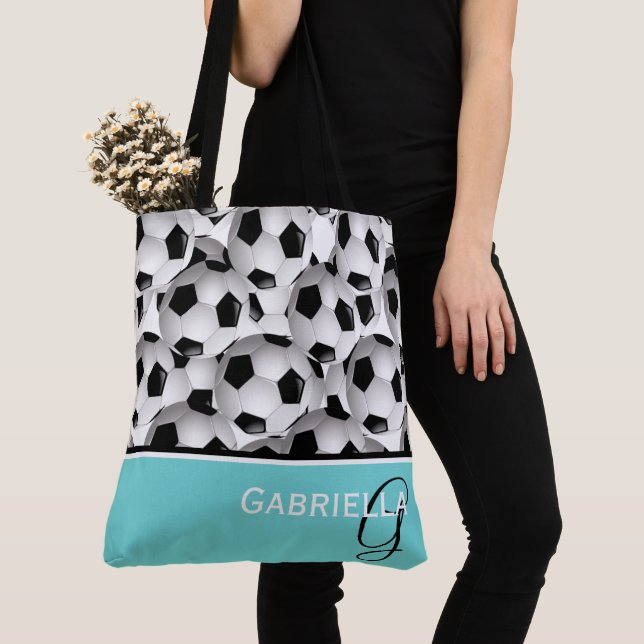 Monogram Black Soccer Ball Pattern Tote Bag (Close Up)