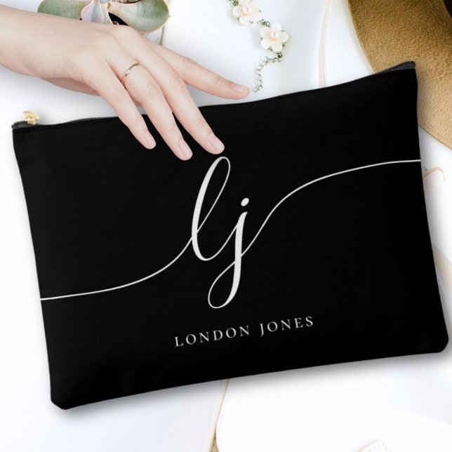 Monogram Black Stylish Calligraphy Initials Name Accessory Pouch (Creator Uploaded)