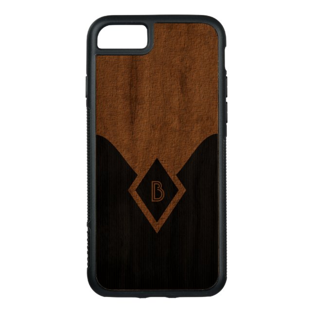 Monogram Black Tan Elegant Wooden Carved Wood iPhone Case (Back)