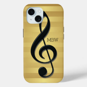 Monogram Black Treble Clef on Golden Stripes iPhone 15 Case