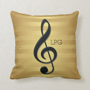 Monogram Black Treble Clef on Golden Stripes Cushion