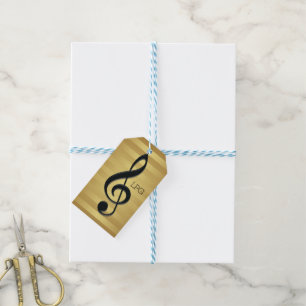 Monogram Black Treble Clef on Golden Stripes Gift Tags