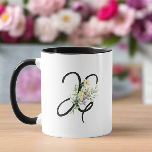 Monogram Black Typography Colourful Flowers Mug
