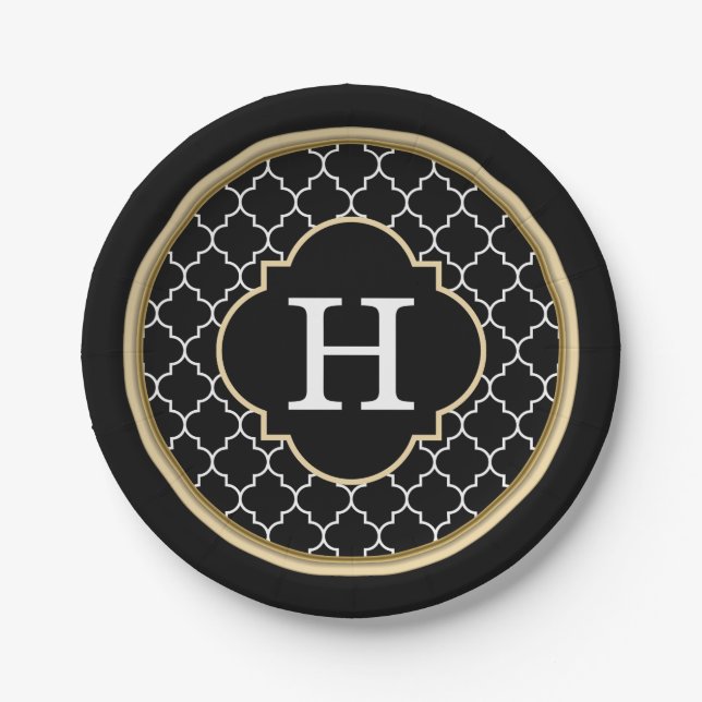 Monogram Black White and Faux Gold Quatrefoil Paper Plate (Front)