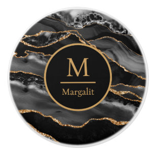 Monogram Black White and Gold Faux Marble Agate Ceramic Knob