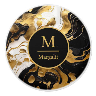 Monogram Black White and Gold Faux Marble  Ceramic Knob