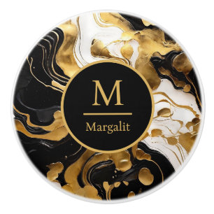 Monogram Black White and Gold Faux Marble Ceramic Knob