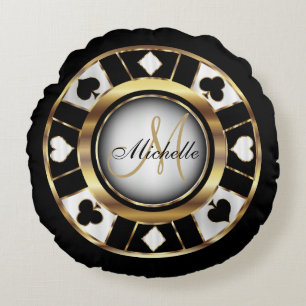 Monogram Black, White and Gold Poker Chip Round Cushion