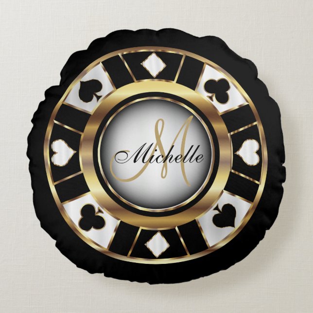 Monogram Black, White and Gold Poker Chip Round Cushion (Front)
