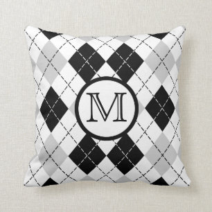 Monogram Black White and Grey Argyle Throw Pillow