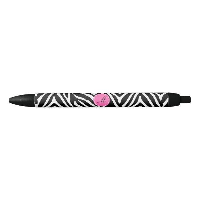 Monogram Black, White and Hot Pink Zebra Print Black Ink Pen (Front)