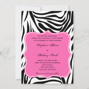 Monogram Black, White and Hot Pink Zebra Wedding Invitation