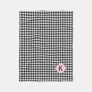 Monogram Black, White and Pastel Pink Houndstooth Fleece Blanket