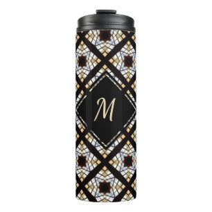 Monogram Black White Blue Geometric Pattern Thermal Tumbler