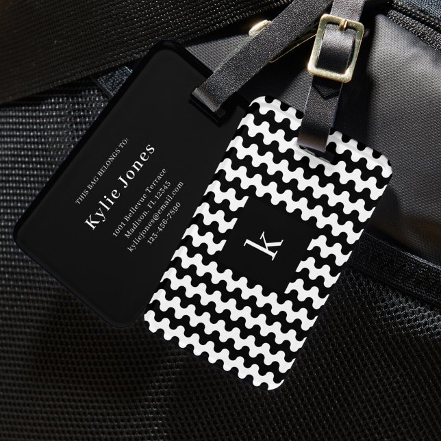 Monogram Black White Bold Wavy Pattern Luggage Tag (Creator Uploaded)
