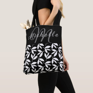Monogram black & white botanical pattern tote bag