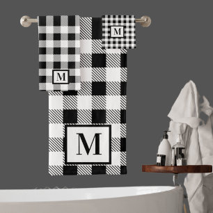 Monogram Black White Buffalo Plaid Bath Towel Set