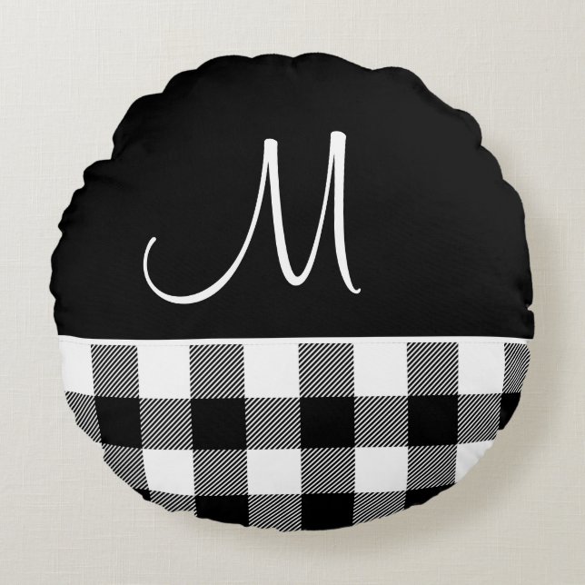 Monogram Black White Buffalo Plaid Farmhouse Round Cushion (Front)