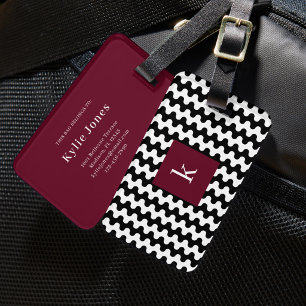 Monogram Black White Burgundy Bold Wavy Pattern Luggage Tag