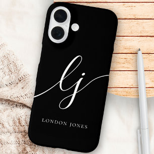 Monogram Black White Calligraphy Script Initials iPhone 16 Case