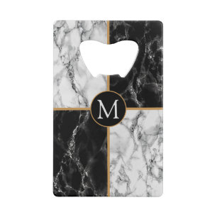 Monogram Black White Check Marble Bottle Opener