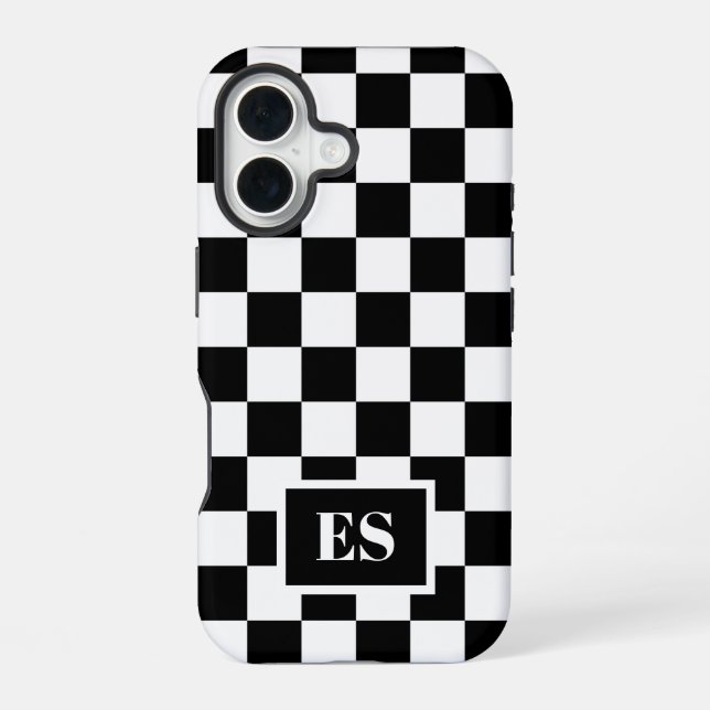 Monogram Black White Chequered Pattern iPhone 16 Case (Back)