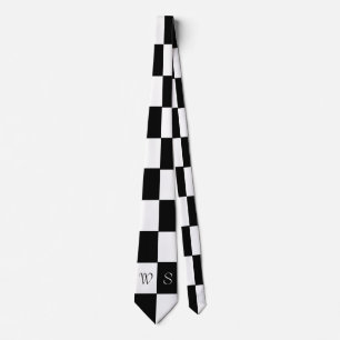 Monogram Black White Chequered Trendy Stylish Men Tie
