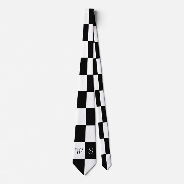 Monogram Black White Chequered Trendy Stylish Men Tie (Front)