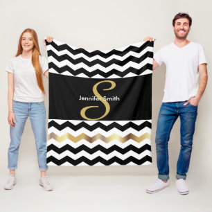 Monogram Black & White Chevron Design Fleece Blanket
