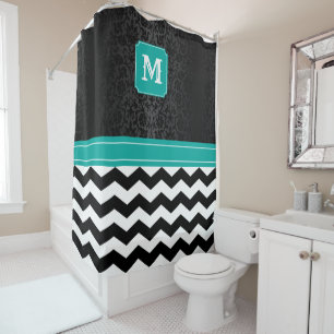 Monogram Black / White Chevron Pattern with Teal Shower Curtain