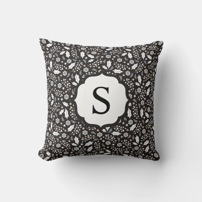 Monogram Black White Christmas Floral Pattern Cushion (Front)