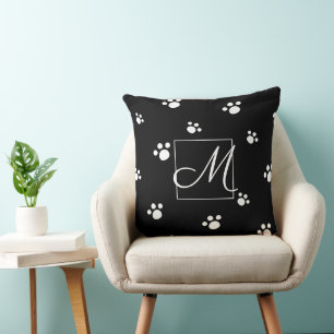 Monogram Black & White Cute Puppy Dog Paw Print Cushion
