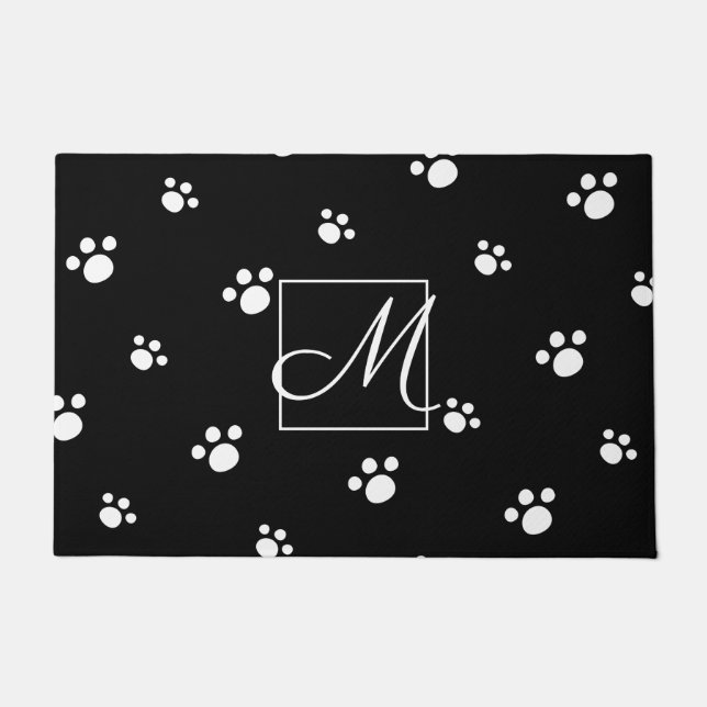 Monogram | Black & White Cute Puppy Dog Paw Print Doormat (Front)