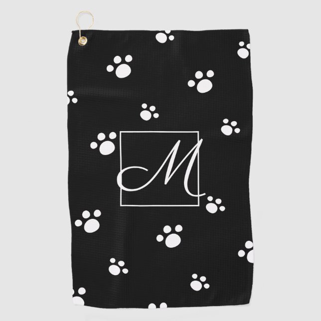 Monogram | Black & White Cute Puppy Dog Paw Print Golf Towel (Front)