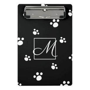 Monogram   Black & White Cute Puppy Dog Paw Print Mini Clipboard