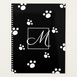 Monogram Black & White Cute Puppy Dog Paw Print Planner