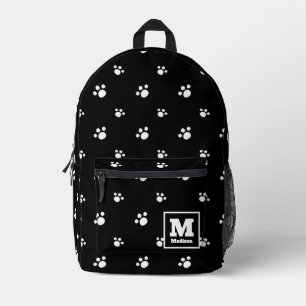 Monogram   Black & White Cute Puppy Dog Paw Print Printed Backpack