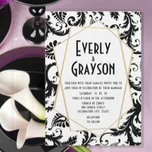 Monogram Black & White Damask Wedding Invitation