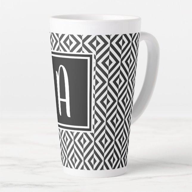 Monogram Black & White Diamond Pattern Latte Mug (Right Angle)