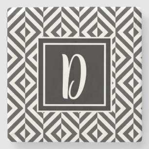 Monogram Black & White Diamond Pattern Stone Coaster