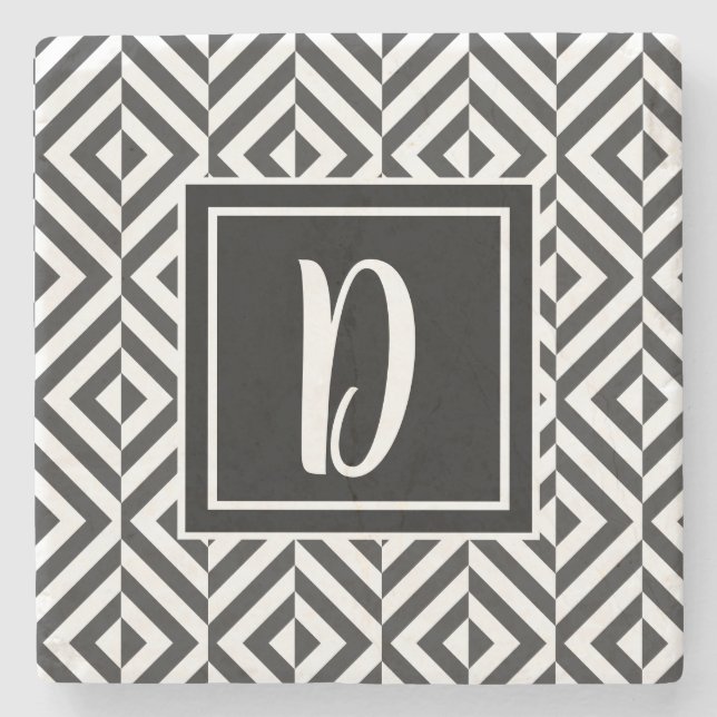 Monogram Black & White Diamond Pattern Stone Coaster (Front)