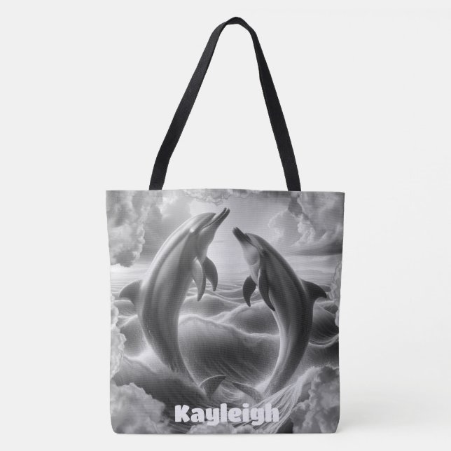Monogram Black & White Dolphins Ocean | Tote Bag (Front)