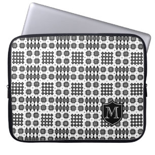 Monogram Black White Faux Welsh Tapestry Pattern Laptop Sleeve
