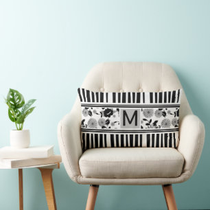 Monogram Black & White Floral Fence Pattern Lumbar Cushion