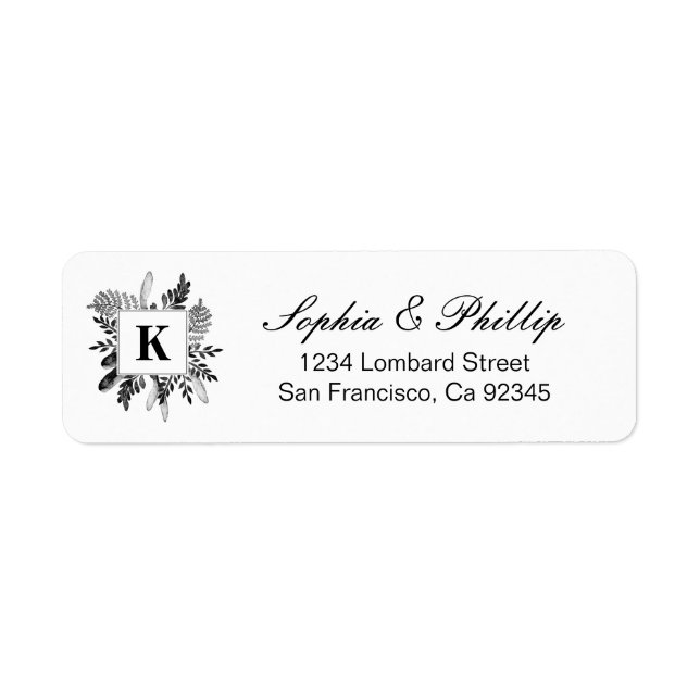 Monogram | Black & White Foliage Return Address Label (Front)