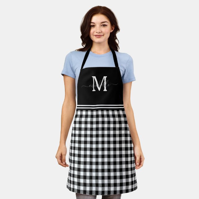 Monogram Black White Gingham Grey Name Apron (Worn)